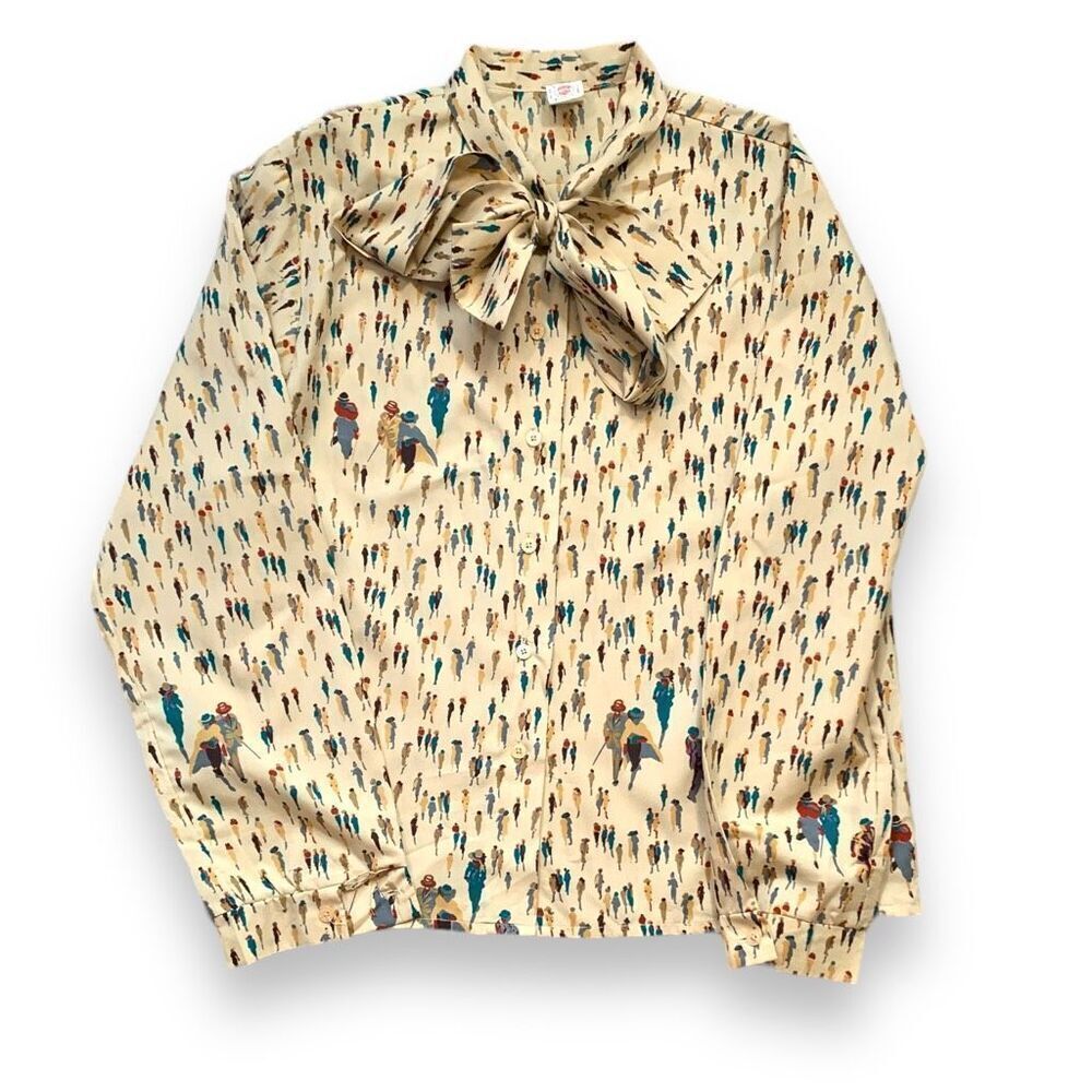 Vintage Multicolor Patterned Blouse with Bow Tie - Picture 6 of 9